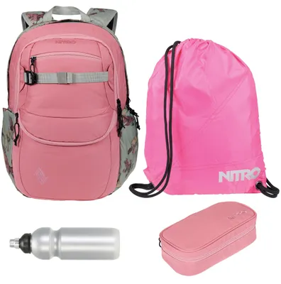 Produktbild von Schulrucksack Mädchen Schultasche Tasche 4 Teile Set Nitro Future Hero Rucksack inkl. Mäppchen Box, Sportbeutel, Trinkflasche rosa grün Woodrose +rtmf
