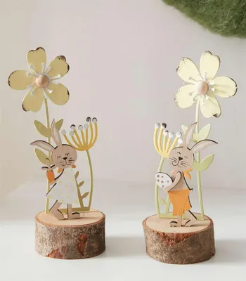 Produktbild von 2x Dekofigur Hase "Blumenwiese" aus MDF & Metall, 18 cm hoch, Osterdeko, Osterhase, Hasenfigur
