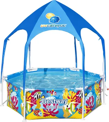 Produktbild von Bestway® Steel Pro™ Frame Pool mit Sonnenschutzdach "Splash-in-Shade" ohne Pumpe Ø 183 x 51 cm, buntes Unterwasser-Design, rund