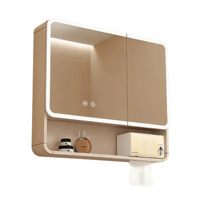 Image de Armoire de toilette, armoire de toilette avec LED, miroir de salle de bain avec armoire, armoire de toilette murale, beige 80【JG-N3201】