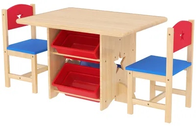 Produktbild von Kindertisch mit 2 Stš¹hlen, 3-teiliges Holz-Tisch- und Stuhlset mit 4 Aufbewahrungsboxen, Naturholz