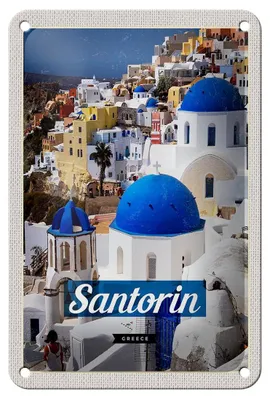 Produktbild von Blechschild Reise 12x18cm Santorini Greece Stadt weiß blau Schild