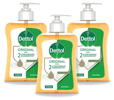 Zdjęcie produktu dla 3 sztuki płynu do mycia rąk Dettol, antybakteryjny, oryginalny zapach, pojemność 250 ml - zestaw ekonomiczny