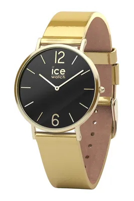 A studio shot of a gold and black Ice-Watch watch against a white background.