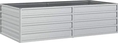 A silver galvanized steel raised garden bed is shown against a white background.