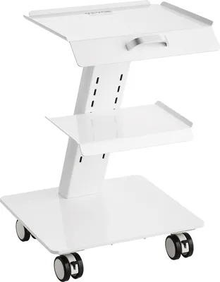 A white, three-tiered rolling cart with a handle on the top shelf, shown against a white background.