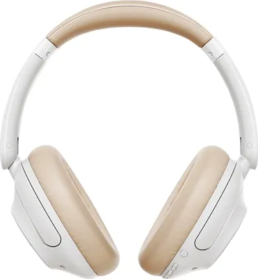 A pair of white and tan over-ear headphones are shown from the front against a white background.