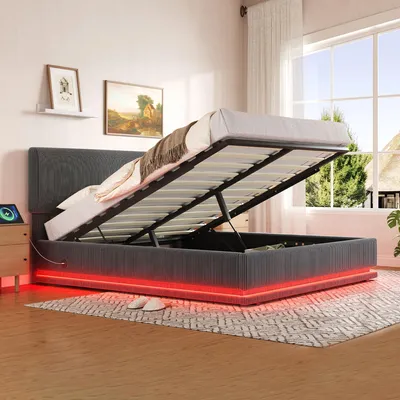 Zdjęcie produktu dla Łóżko tapicerowane z tkaniny sztruksowej 160x200 cm, kolor szary, z oświetleniem LED i funkcją ładowania USB-C, łóżko podwójne z schowkiem i stelażem, z regulowanym zagłówkiem, bez materaca