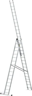 A multi-purpose aluminum ladder is shown in an A-frame configuration, with one section extended upwards.