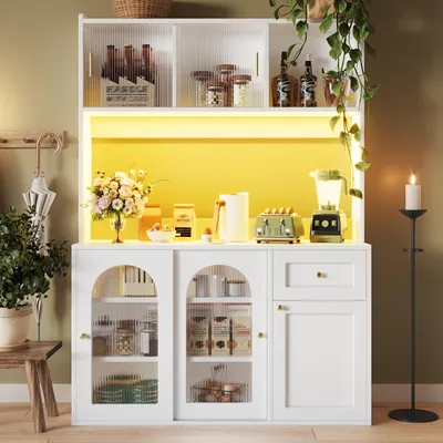 Produktbild von Küchenschrank Hochschrank mit LED-Beleuchtung, Glastüren, verstellbaren Ablagen, viel Stauraum und Kippschutz, Weiß, MDF & PB