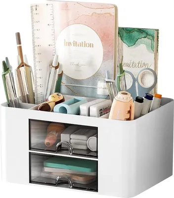 Produktbild von Schreibtisch Organizer, Multifunktionale Stiftehalter, 5 Fächer, 2 Schubladen, Robustes Plastik, für Zuhause