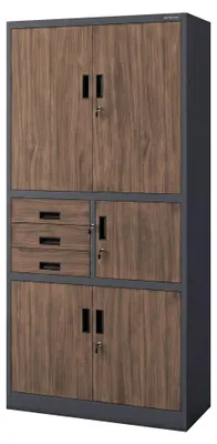 Image de Armoire de bureau, armoire de classement, coffre-fort, tiroirs, compartiment secret, acier, dimensions : 185 cm x 90 cm x 40 cm, couleur : anthracite/noyer