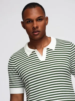 Produktbild von Ombre Gestricktes knopfloses Herren-Poloshirt mit marinefarbenen Streifen olive L
