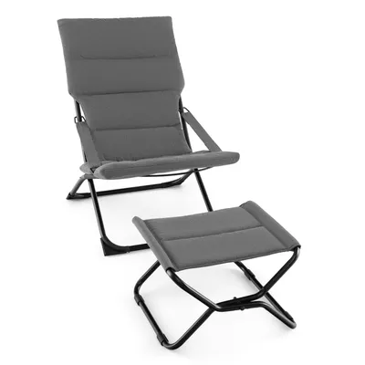 Produktbild von GOPLUS Liegestuhl klappbar, Gartenstuhl Klappstuhl mit Hocker, Campingstuhl Balkonstuhl mit hoher Rückenlehne, Armlehnen, abnehmbarem Kissen, Grau