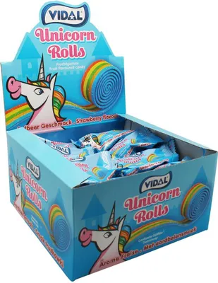 Produktbild von Display Komplett Rolla Belta Unicorn, mehrfarbige Fruchtgummirolle Erdbeergeschmack 24 Stück