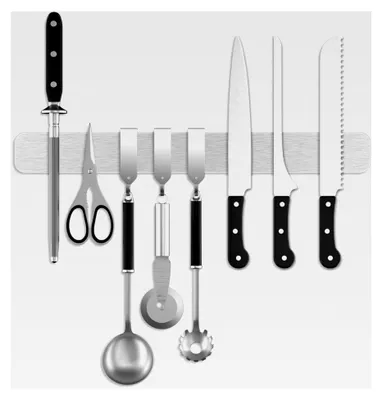 Produktbild von Magnetleiste für Messer 40 cm mit 3 Haken, Edelstahl Messerhalter, magnetisch, selbstklebend, für Küchenutensilien, einfache Montage, Wandmontage für die Küche