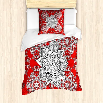 Produktbild von ABAKUHAUS Red Mandala Mantele, Gekritzel, Milbensicher Allergiker geeignet mit Kissenbezügen, 135 cm x 200 cm - 80 x 80 cm, Scarlet Weiß und Schwarz