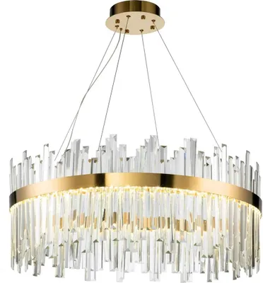 A circular chandelier with many clear crystal-like rods hanging from a gold ring, suspended by thin wires from a gold ceiling mount.