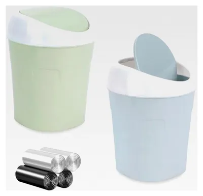 Produktbild von 2 Stück Mini-Mülleimer, Tischmülleimer mit Schwingdeckel und 4 Rollen Müllsäcken, kompaktes Design 10 * 12 * 17 cm, Tischabfalleimer für den Waschtisch (Blau, Grün)