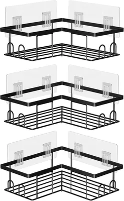 Image de Tablette de douche sans percer Noir 3 pièces Organiseur d'angle