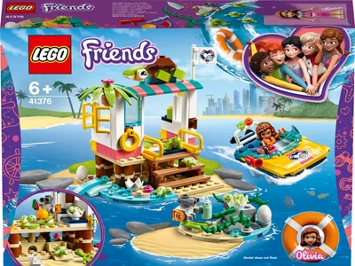 The image shows the packaging of a LEGO Friends toy set, featuring a turtle rescue station and a boat.