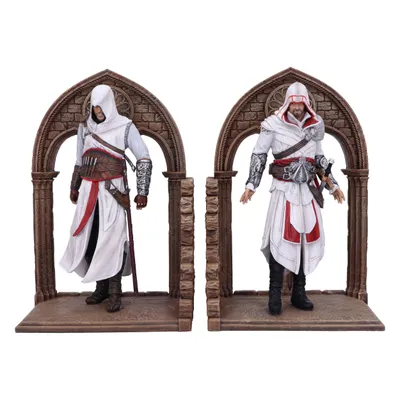 Two Assassin's Creed figures, Altair and Ezio, are depicted as bookends, standing within arched stone structures.