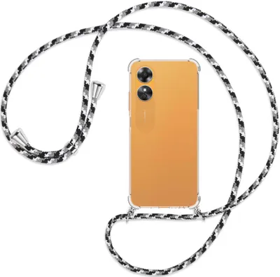 Produktbild von Handykette Backcover-Schutzhülle mit Band (Metall silberfarben) für Oppo A17 4G (CPH2477, 6.56'') - schwarz/grau/weiß