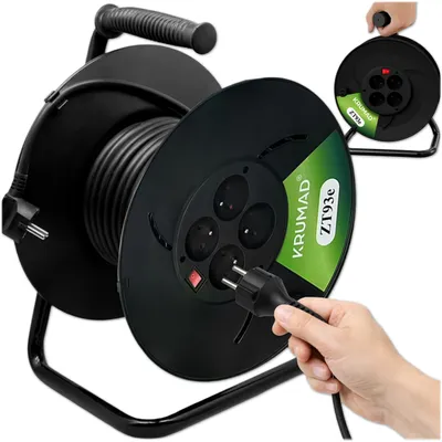 Immagine prodotto di Bobina di cavo KRUMAD da 50 metri con 4 prese di corrente con messa a terra, potenza massima 2000W, robusta e resistente agli agenti atmosferici, ideale per uso esterno, officine e cantieri, sezione del cavo 3x1mm², colore nero