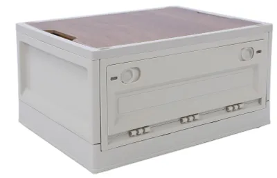 Image de Boîte de rangement pliable pour camping, avec couvercles. Boîte de rangement polyvalente, empilable, mobile et portable, sur roulettes, idéale pour une utilisation à la maison ou en extérieur. Couleur : gris et blanc. Capacité : 38 litres