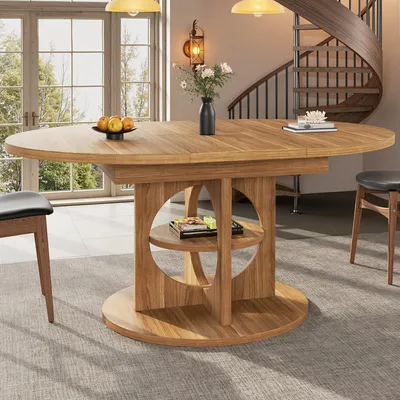 Produktbild von Flieks Esstisch mit hohlem Tischbein-Regal, stabiler Konstruktion bis 60kg Tragfähigkeit, Küchentisch, Bartisch 110-150x110x76cm, Holzoptik