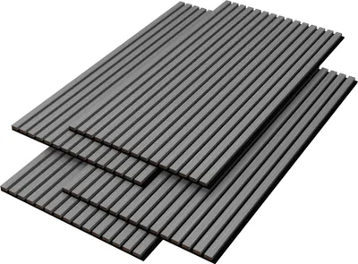 Three stacks of gray wooden slats with dark brown edges, arranged diagonally on a white background.