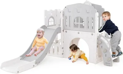 Produktbild von 9 in 1 Kinderrutsche Indoor, Kinder Rutsche mit Basketballkorb Teleskop Lenkrad Kletterleiter Tunnel Stauraum usw., Babyrutsche Spielplatz Rutschenset für Kinder ab 1 Jahr (Weiß+Grau)