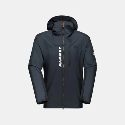 Aenergy WB Hooded Jacket von Mammut; schwarze Windbreaker-Jacke für Herren mit Kapuze und Reißverschluss.