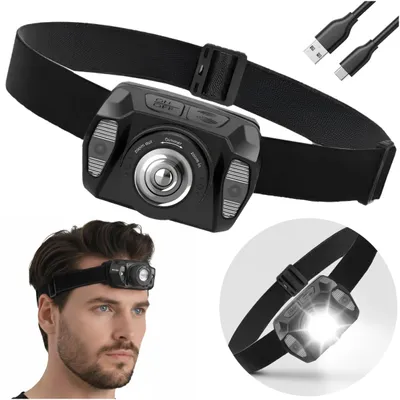 Obrázek produktu pro LED čelovka dobíjecí, 360 lm čelovka s ovládáním gesty a zoomem, červené světlo a vodotěsnost IPX4, 1800 mAh baterie, EVI TECH NightFlare