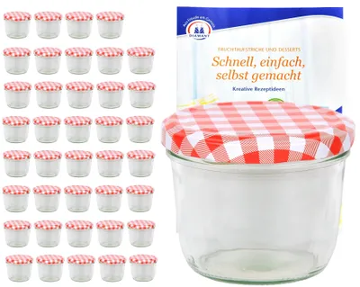Produktbild von 40er Set Sturzglas 230 ml mit rot kariertem Deckel inkl. Diamant Gelierzauber Rezeptheft