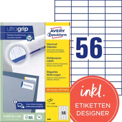 Produktbild von Avery Zweckform 3668 Universal-Etiketten, A4 mit ultragrip,  52,5 x 21,2 mm, weiß