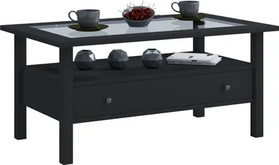 Image de Table latérale en bois avec verre de sécurité ESG | Table basse simple | Dimensions env. H. 42 x W. 90 x D. 54 cm | Table salon avec tiroir | Canapé - Lingis L