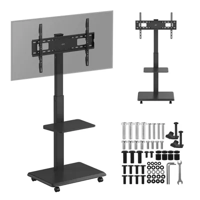 A black TV stand with a TV mounted on it, shown from the front. The stand has a shelf and wheels. Several screws and tools are laid out to the right of the stand.