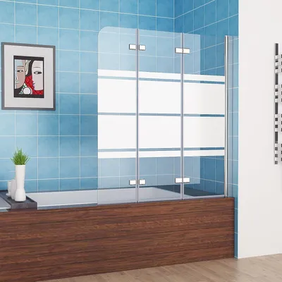 Produktbild von MIQU Duschwand für Badewanne 120x140 cm 3-teilig Faltbar Duschtrennwand Glas Duschabtrennung mit Weiße Streifenmuster & Milchglas, Dusche