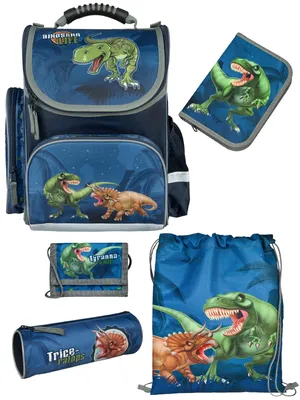 Produktbild von Schulranzen 1. Klasse für Jungen und Mädchen in Blau mit DINOSAURIER Motiv 5 tlg. Schultaschen Set mit Federmäppchen