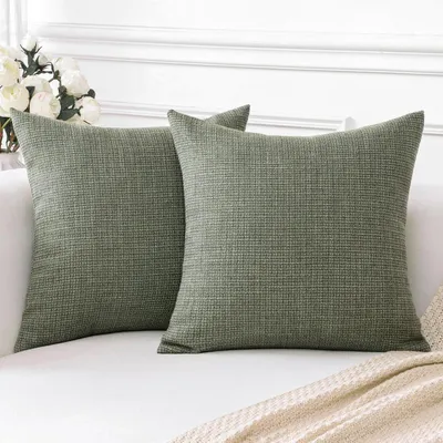 Immagine prodotto di Set di 2 federe per cuscini, 45x45 cm, color grigio-verde, aspetto lino, chiusura a zip nascosta