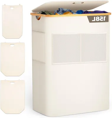 Produktbild von Wäschesammler mit Deckel – Zur Aufbewahrung von schmutziger Wäsche – Zum Sortieren von Kleidung – 3 Fächer – 158 Liter – Beige