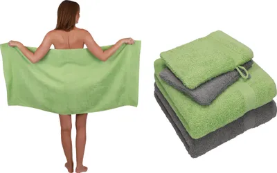 Produktbild von Betz 5 tlg. Handtuch Set SINGLE Pack 100% Baumwolle 1 Duschtuch 2 Handtücher 2 Waschhandschuhe farbe - apfelgrün  - anthrazit grau  250804