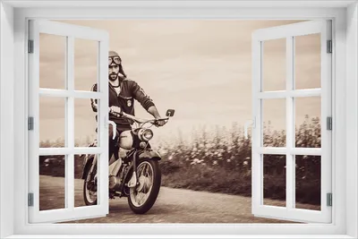 Produktbild von Wallario Poster mit Fenster-Illusion: Simson Fahrer in der DDR in Sepiafarben, Größe: 61 x 91,5 cm (Maxiposter)