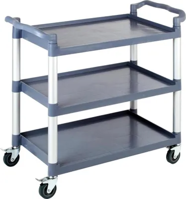 Produktbild von APS 11945 Servier-/Transportwagen READY, 108 x 50 cm, Höhe 96 cm, Aluminiumrahmen, 3 Böden je 50 kg Tragfähigkeit, 4 Lenkrollen mit Feststellern, Polypropylen grau-blau
