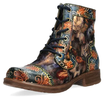 Produktbild von Laura Vita Damen Leder Stiefelette im Vintage-Look mit Blumenmuster Anitao 11, Größe:39 EU, Farbe:Blau