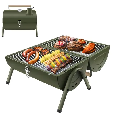 Produktbild von SunJas Holzkohlegrill K-GN22A  Reisegrill Edelstahl Campinggrill mit Deckel Klappgrill Koffergrill Tischgrills Thermometer Abgaskanal