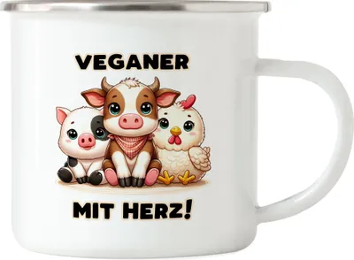 Produktbild von Veganer mit Herz Süße Tiere Emaille Tasse - Geschenkidee für Veganer