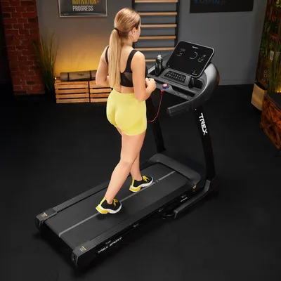 Produktbild von TREX SPORT Laufband für zuhause klappbar elektrisch TX-900TM TECK | 3 PS Motor, 1–18 km/h, Bluetooth | Steigung 0–20%, Dämpfung, Pulsmesser, bis 140kg