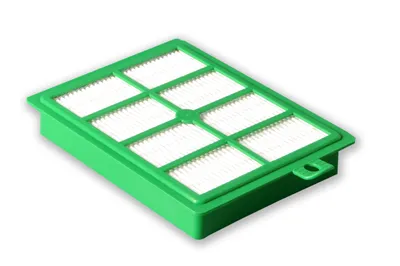 A product shot of a green vacuum cleaner filter on a white background.